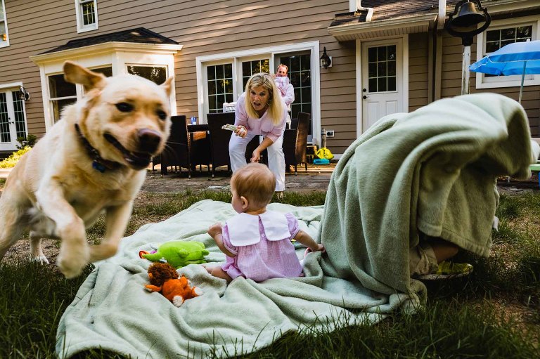 family handles chaos in the backyard as the dog runs away with the baby's toy.